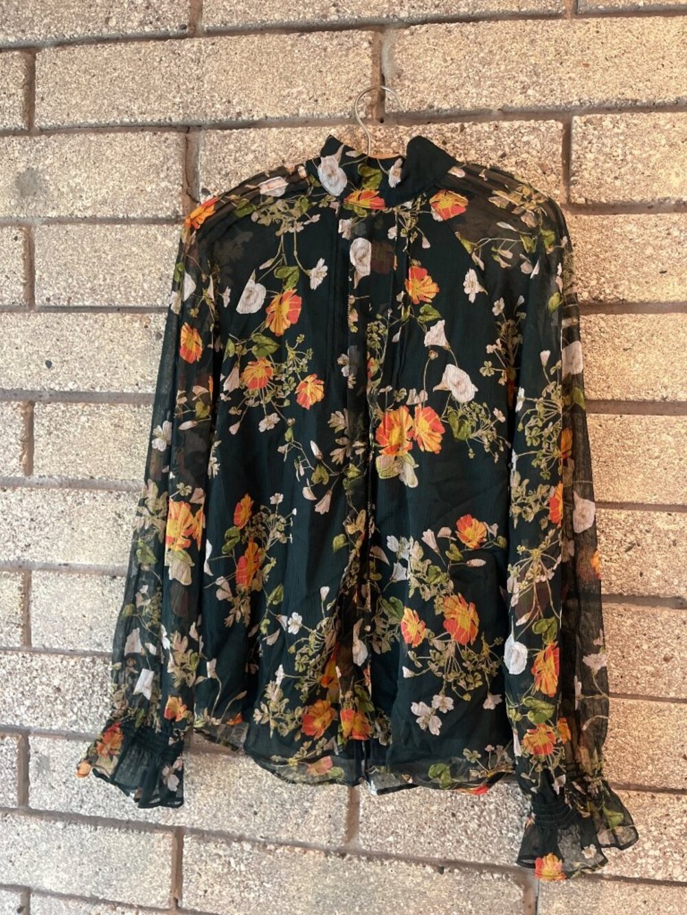 Ralph Lauren Floral Sheer Long Sleeve Blouse With High Neck & Ruffle Cuffs